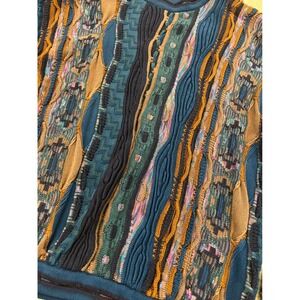 Tundra Canada Mens Large 3D Knit Sweater Blue Brown Mercerized Cotton Vintage